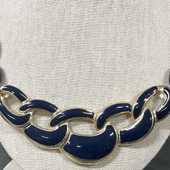 Vintage Navy Blue Enamel And Beaded Gold Tone Statement Necklace - Picture 4 of 4